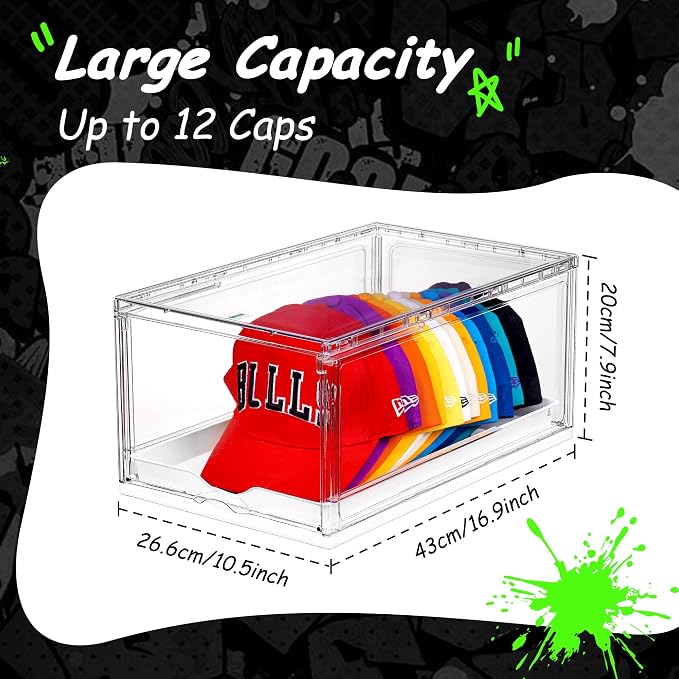 Vtopmart 4 Pack Hat Organizer for Baseball Caps, Clear Hats Holder Box with Drawer, Large Cap Storage with Sliding Tray, Stackable Rack Display Case with Magnetic Door, Each Holds 12 Hats