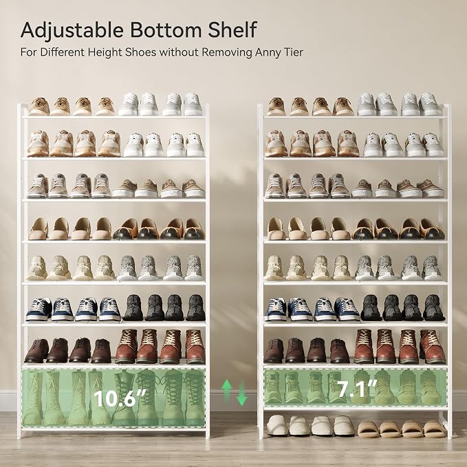 Nunsino Shoe Rack for Closet, Metal Shoe Organizer, 8 Tier Garage Shoe Rack Max Holds 40 Pairs,Shoe Storage Shelf,Entryway, White