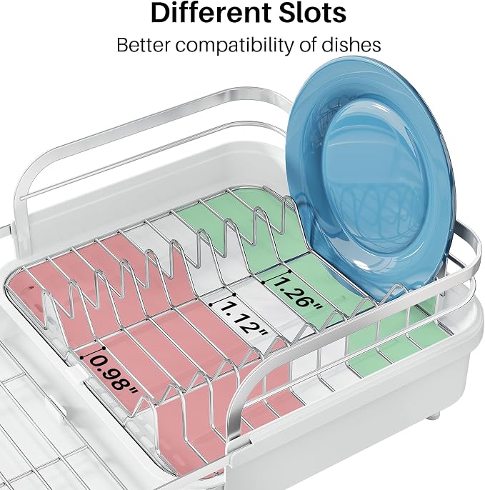 SNTD Dish Drying Rack, Expandable Dish Rack for Kitchen Counter, Stainless Steel Dish Drainer with Drainboard Set and Utensil Holder (White)