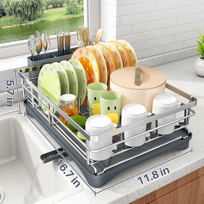 SAYZH Dish Drying Rack for Kitchen Counter with Utensil Holder, Silver | Stainless Steel, Large Capacity, Angled Drainboard, Rotating Spout, Removable to Clean