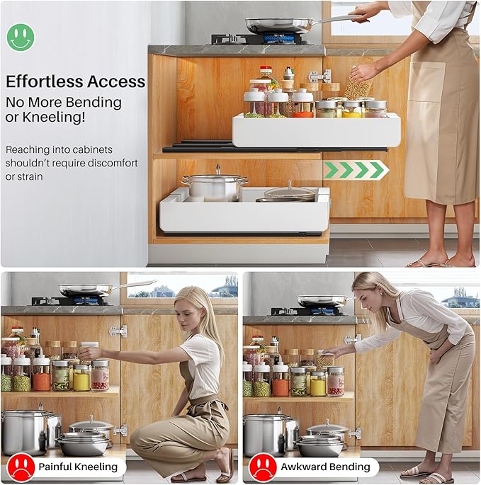 Pull out Cabinet Organizer, 6-pack, Expandable(12"-20") Heavy Duty Slide out Drawers Fixed with Adhesive Nano Film for Pots, Roll out Shelf Storage for Kitchen Base Cabinet Organization(3 Rails)