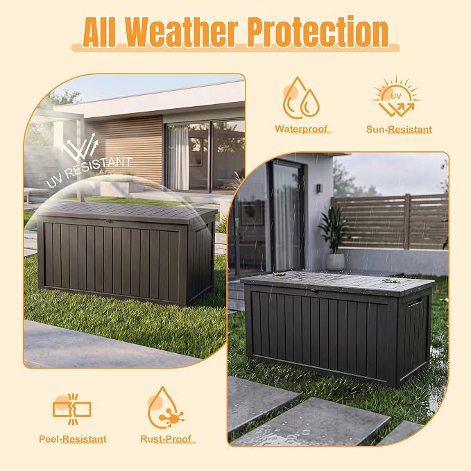 Outdoor Storage Box, 280 Gallon Waterproof Resin Deck Box with Support Rod | UV Resistant Lockable Package Delivery Bin, Shoe, Patio & Garden Tools Storage, Toy Cabinet, Ottoman, Indoor/Outdoor