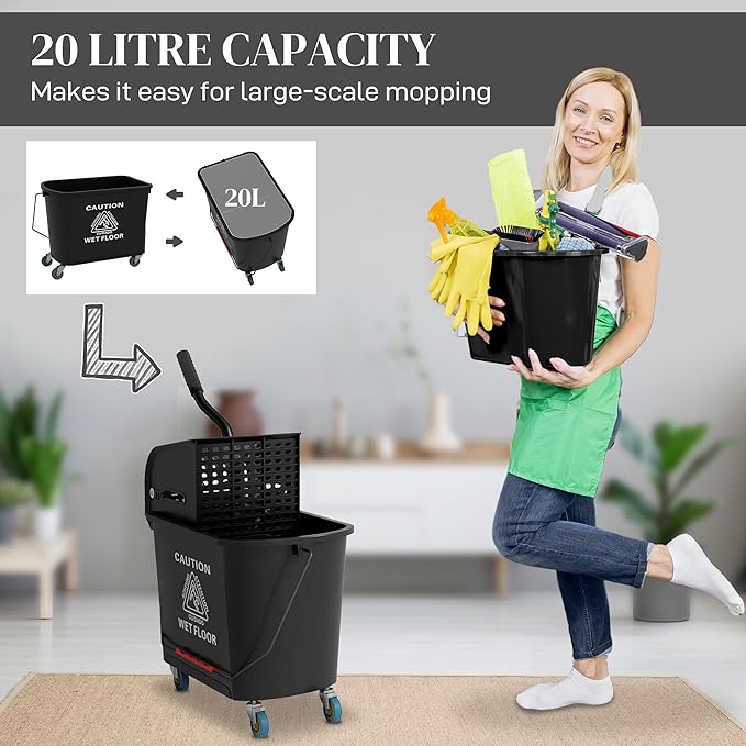 HOMCOM Commercial Mop Bucket Side Press Wringer Wheels 21 Quart Black | for Floor Cleaning, Separate Dirty and Clean Water, for Home Apartment Small Business and Office