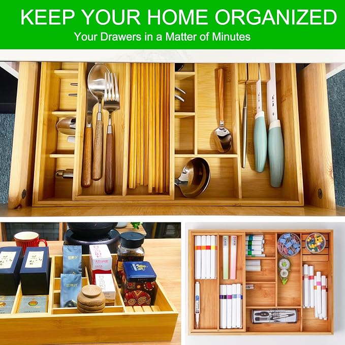 COIWAI Double Layer Bamboo Drawer Organizer Cutlery Utensil Silverware Drawer Organizer, cutlery Silverware Tray for Drawer, Utensil Holder Drawer Dividers for Flatware (L: 16.85 × 12.2 in)