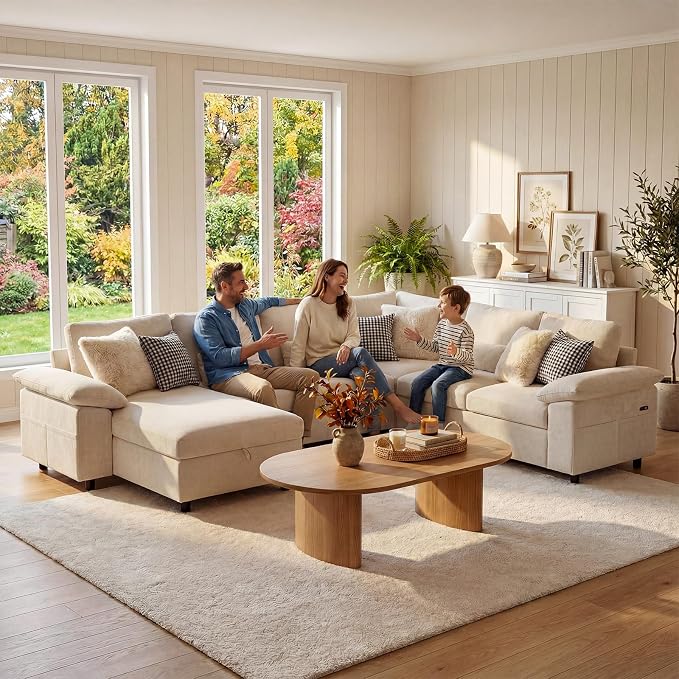 110 Inch Modular Sectional Sleeper Sofa with Pull Out Bed, U Shaped 7 Seat Cloud Modular Sectional Sofa with Storage, Chenille Sectional Couches for Living Room, Removable Sofa Cover, Beige