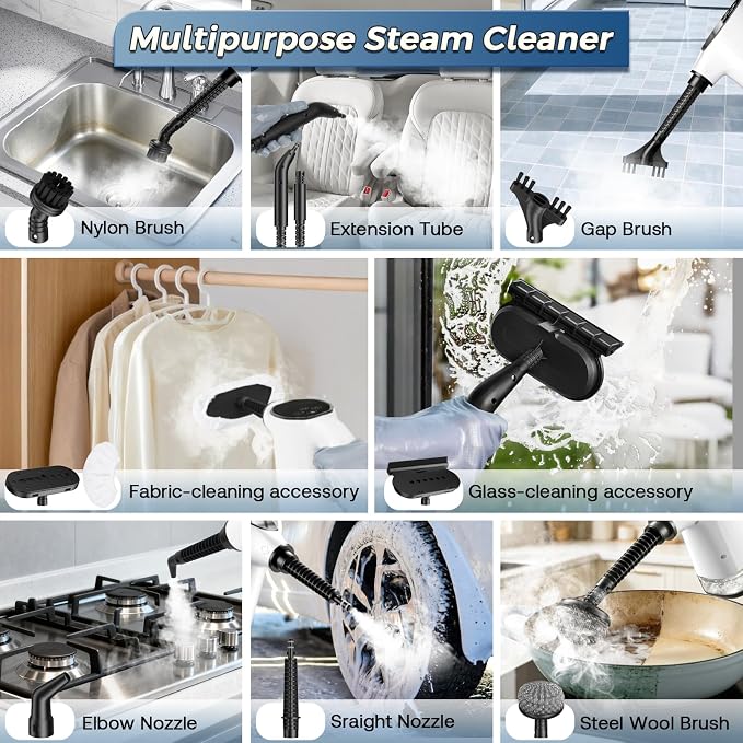 Handheld Steam Cleaner, Portable Steamer for Cleaning with 18PCS Accessories, 12s Fast Heating, Pressurized Steam Cleaner for Home, Kitchen, Bathroom, Car Detailing, Window, and Clothes, White