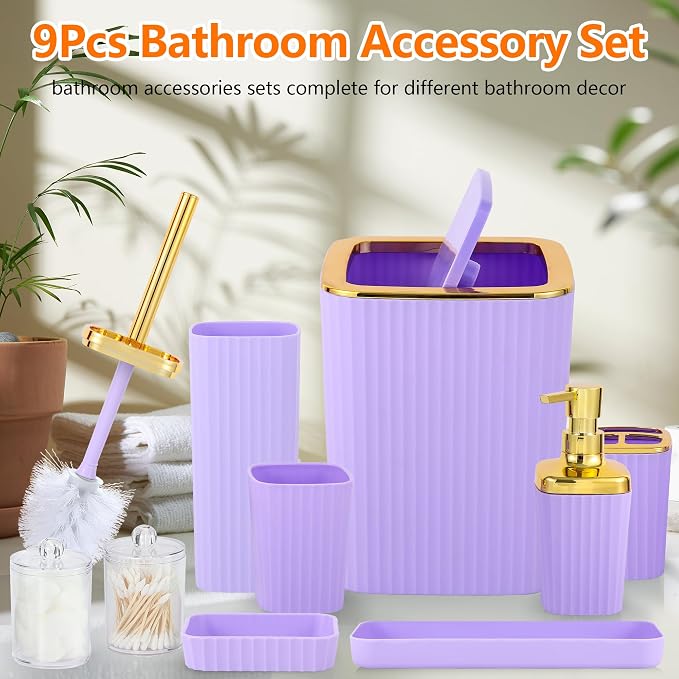 Bathroom Accessory Set,9 Pieces Purple Bathroom Accessories Set with Trash Can, Toothbrush Holder, Soap Dispenser, Toothbrush Cup, Vanity Tray, Soap Dish, Toilet Brush, Qtip Holder