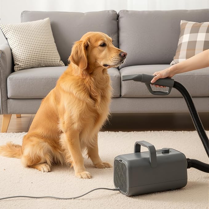 NEWBULIG Dog Hair Dryer, 1550W High Velocity Pet Blow Dryer with Heater for Grooming, Speed Temperature Adjustable Dog Blower Grooming with 4 Nozzles, Grey