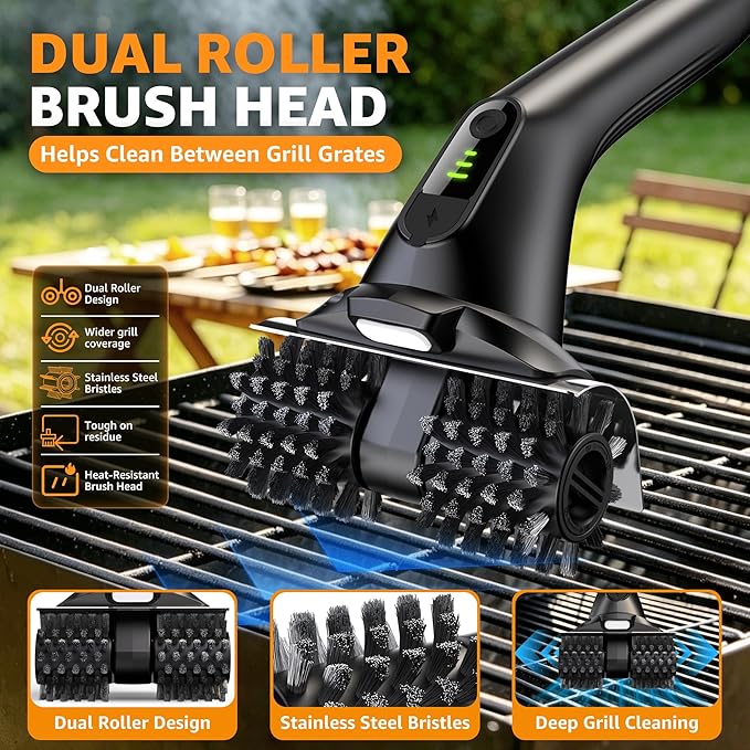 Dual Roller Electric Grill Brush, 22.5kg High Torque BBQ Grill Cleaner with Stainless Steel Bristles, 2-Speed Rechargeable Power Brush for Deep Outdoor Grill Cleaning, IPX5 Waterproof