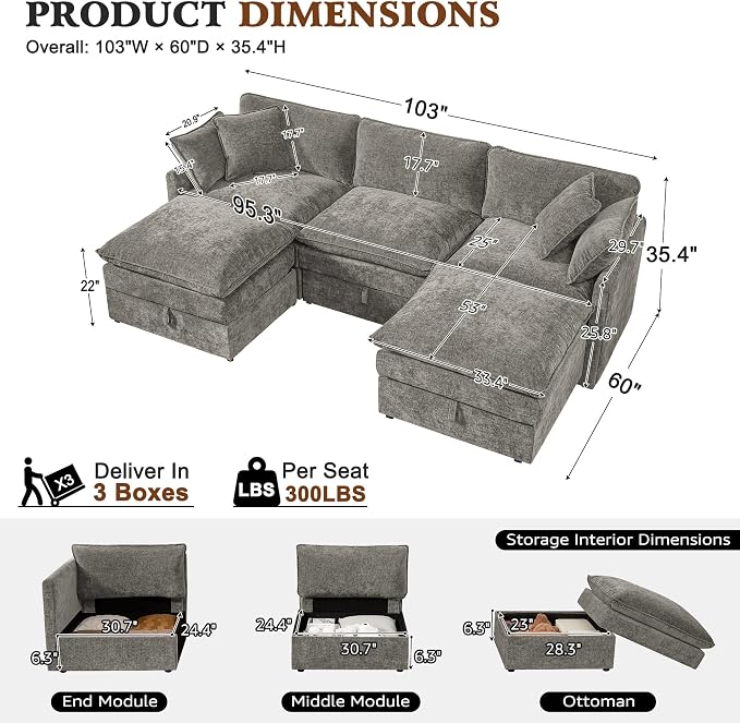 Ihanherry 103” Modular Sectional Sofa with Storage, U Shaped Cloud Couch with Movable Ottomans & 4 Pillows, Chenille Deep Seat Sectional Couches for Living Room, Apartment (Grey)