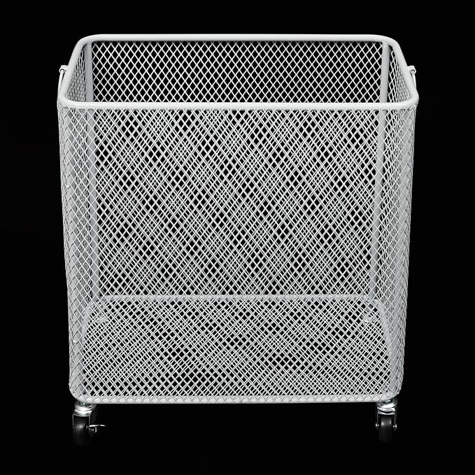 Laundry Hamper with Wheels, Rolling Laundry Basket Cart, Rectangular Metal Mesh Clothes Hamper with Metal Pull Handle for Laundry Room and Bedroom, White, 16.9" x 9" x 17.7"