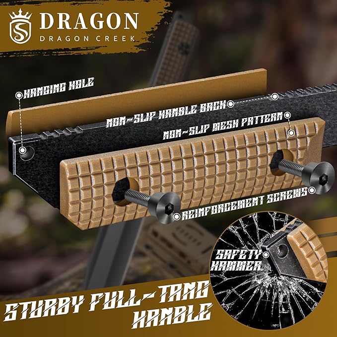 Dragon Creek Tactical Knife Kydex - D2 Steel Outdoor Knife with Sheath | Brown G10 Full Tang Handle for Outdoor Survival Camping Hiking Thanksgiving Gift Men