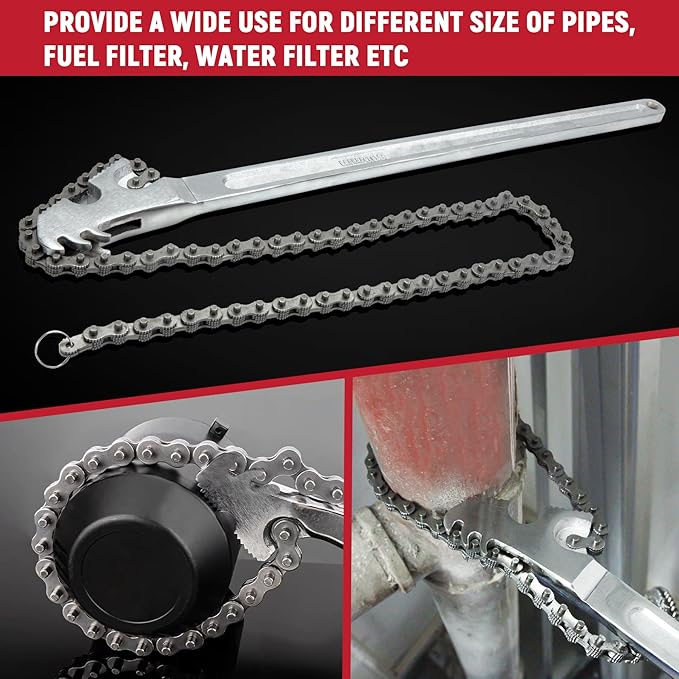 AUPREX 24 Inch Heavy Duty Carbon Steel Pipe Wrench, Fits Max 12 Inch Diameter, Adjustable Large Chain Oil Filter Wrench for Universal Use