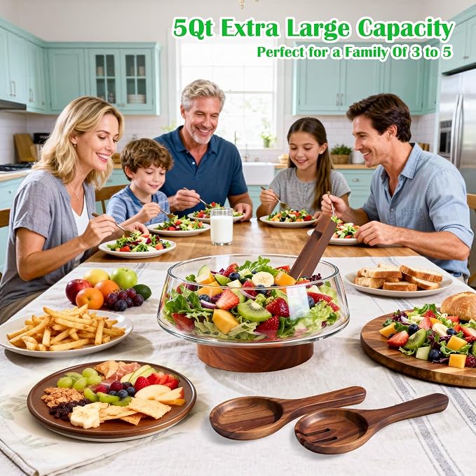 Extra Large Glass Salad Bowl with Lid Set, 5-Qt (160 fl oz) Mixing/Serving Bowl with Wood Base & Salad Servers, Trifle Bowl for Kitchen, Parties & Christmas