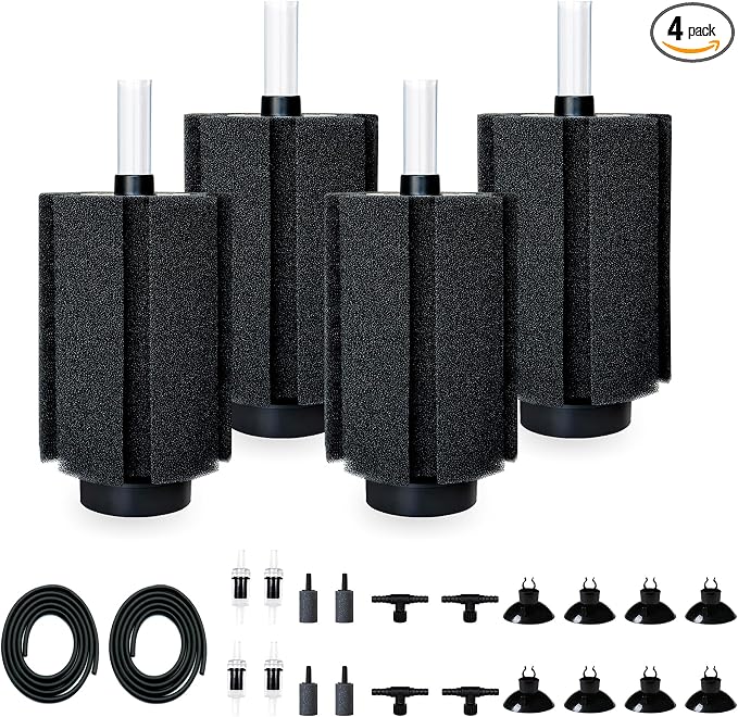 125-150 Gal Extra Large Aquarium Sponge Filter with Air Stone and Ceramic Media, 4 Pack Quiet Fish Tank Sponge Filter for Breeding Fry Betta Shrimp Fish Tank