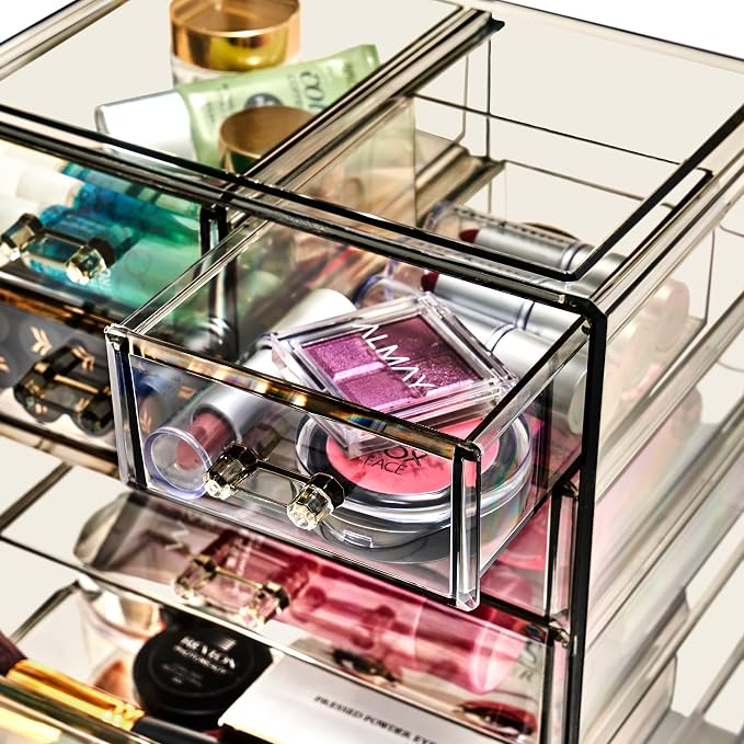Sorbus Acrylic Makeup Organizer Set, 7-Drawer Vanity & Countertop Cosmetic Storage with Small & Wide Drawers, Black Jewel Makeup Storage for Brushes, Lipsticks, Jewelry, Holiday Gift for Women & Teens