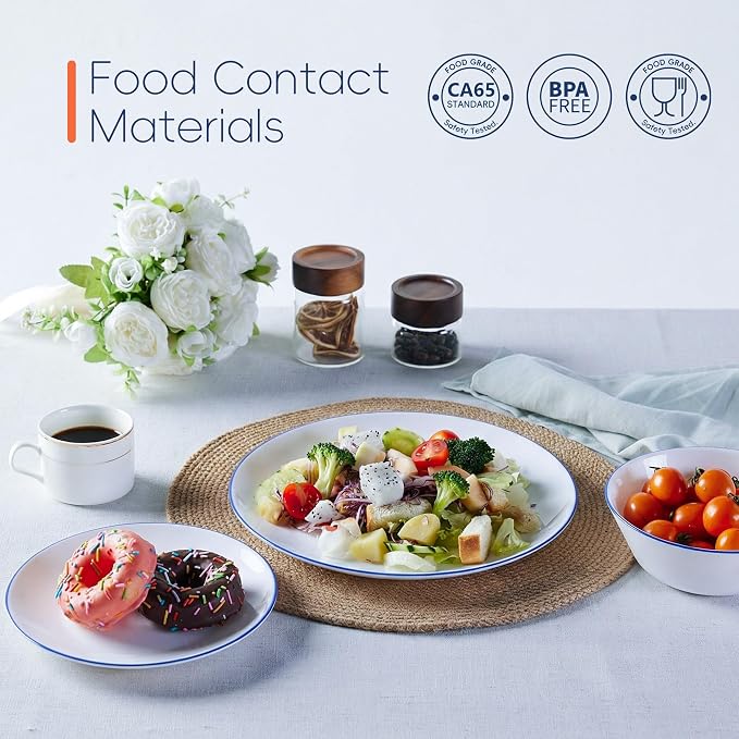Dinnerware Sets for 4, 12 Piece Navy Blue Rim Opal Glass Set | Plates and bowls with dishwasher and microwave safe design, chip and scratch resistant dishware for stylish dining