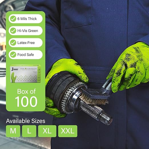 1st Choice Green 6 mil Nitrile Disposable Gloves Diamond Grip XL 100 | Bulk Purchasing Options, Medium Duty Gloves for Mechanics, Business, and Household Tasks, Food Safe and Chemical Resistant