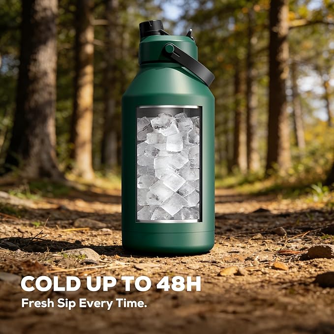 POWCAN 64 oz Insulated Water Bottle with Carrier Bag, 2-in-1 Straw & Spout Lid, Leakproof, Keep Cold 48H, BPA-Free, Stainless Steel Water Bottle with handle for Workout, Trip and Fitness (Forest)