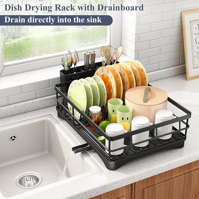 SAYZH Dish Drying Rack for Kitchen Counter with Utensil Holder, Black | Stainless Steel, Large Capacity, Angled Drainboard, Rotating Spout, Removable to Clean