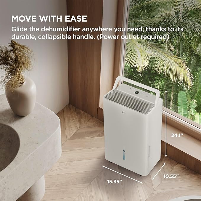 TCL 50-Pint Capacity Quiet, Energy Efficient Portable Dehumidifier, Precise Humidity Control, Bucket or Continuous Drain, Compact Humidity Absorber for Home, Attic, Garage & Rooms up to 4500 Sq Ft