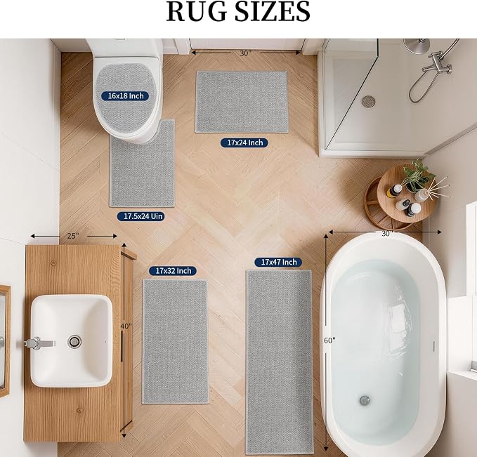 YIHOUSE Gray Bathroom Rugs Sets 5 Piece, Quick Dry Thin Bath Mat with Toilet Rug - Non Slip Absorbent Machine Washable - Bath Runner Rugs for Bathtub Sink Home Decor
