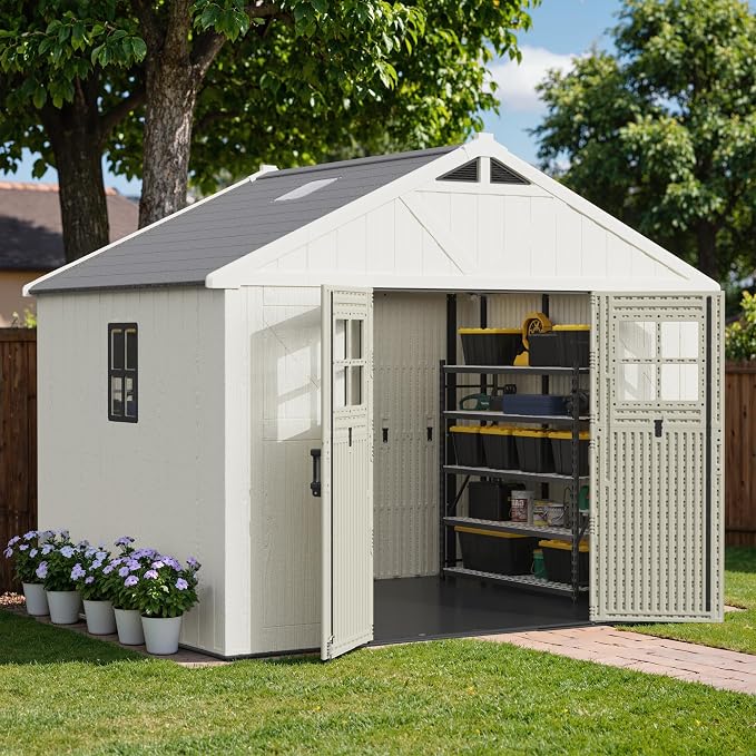 Greesum 10X8FT Plastic Outdoor Storage Shed with Floor and Lockable Door, Resin Sheds with 3-Windows and Multiple Skylights, HDPE Kick-it Shed for Garden, Patio, Backyard, Beige