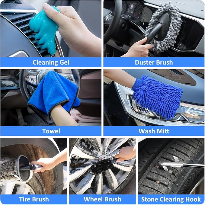 44Pcs Car Wash Detailing Kit Cleaning Kits with Foam Gun Sprayer Wash Mop with Long Handle Collapsible Bucket Large Wash Mitt Towels Complete Interior Exterior Car Washing Supply Set Blue