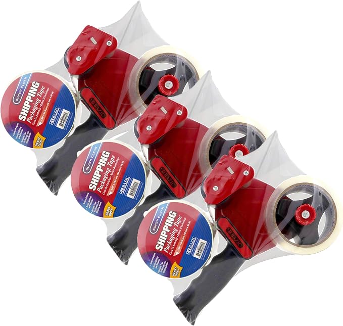 BAZIC Products Packaging Tape Dispenser Gun with 2 Clear Tape Rolls, 3-Pack | steel cutting blade for box sealing