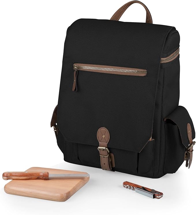 Picnic TIME Moreno 3-Bottle Wine & Cheese Tote, Luxury 3 Bottle Insulated Wine Bag Set with Cheese Board, Knife, & Corkscrew, Adjustable PaddedStrap, and Pockets, Romantic Kit for Couples, (Black)