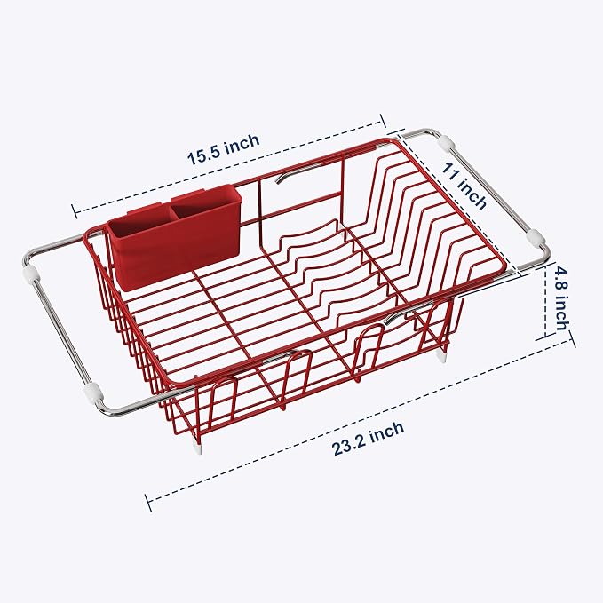 JASIWAY Red Dish Drying Rack in Sink, Dish Drainer with Utensil Holder | Over The Sink Expandable Stainless Steel Strainer Dryer Rack for Small Kitchen, Counter Space Saving, Fast Drain, Rustproof
