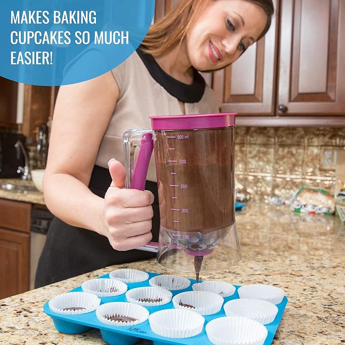 KPKitchen Pancake & Cupcake Batter Dispenser and Stainless Steel Measuring Cups and Spoons Set of 14 - Perfect for Waffles, Cakes, Crepes or Any Baked Goods - 7 Cup and 7 Spoon Metal Measure Sets