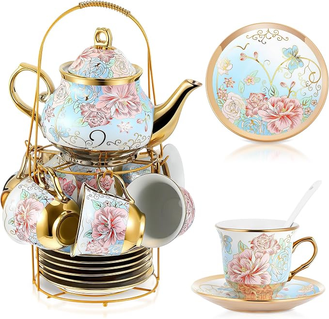 Zhehao 20 Pcs Porcelain Tea Set with Metal Holder and Spoon Adult Ceramic Tea Set European Flower Painting Teapot Cup Saucer Spoon for Women Mom Gift, Large Version (Vivid Style)