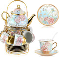 Zhehao 20 Pcs Porcelain Tea Set with Metal Holder and Spoon Adult Ceramic Tea Set European Flower Painting Teapot Cup Saucer Spoon for Women Mom Gift, Large Version (Vivid Style)
