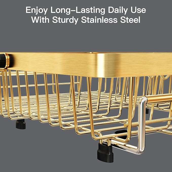 Gold Dish Drying Rack Over The Sink with Utensil Holder, Mat | Expandable Stainless Steel Dish Drainer for Small Kitchen, Apartment, RV, Counter Space Saving, Perfect Fit, Rustproof