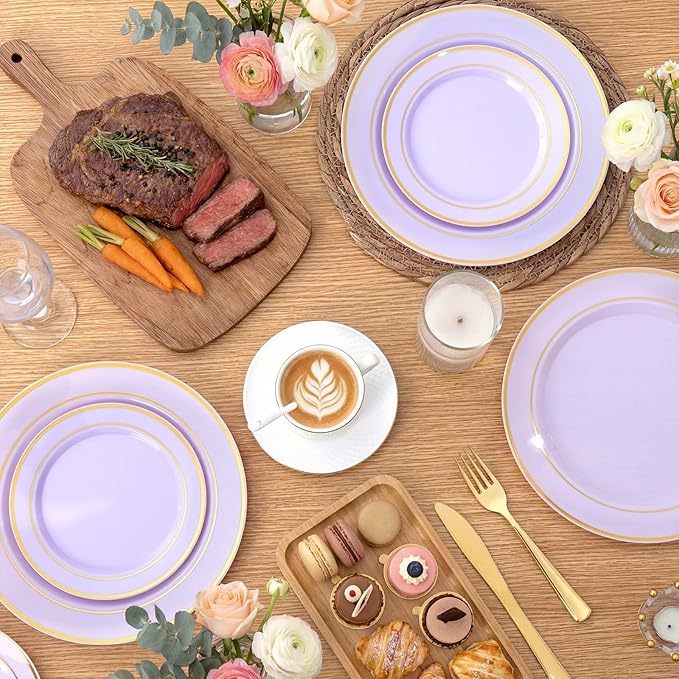 WDF Partyware 350PCS Purple Plates Disposable - Purple Plastic Plates 50Guests Lavender Disposable Dinnerware Sets with Rolled Napkins for Wedding/Birthday/Baby Shower/Bridal Shower
