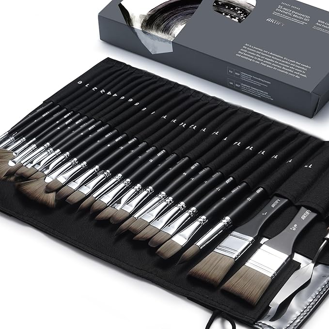 ARTIFY 25 Pieces Professional Paint Brush Set – Expert Series Synthetic Nylon Brushes for Acrylic, Oil, Watercolor, Gouache – No Shedding, Canvas Roll Case & Palette Knife, Artist Gifts Art Supplies