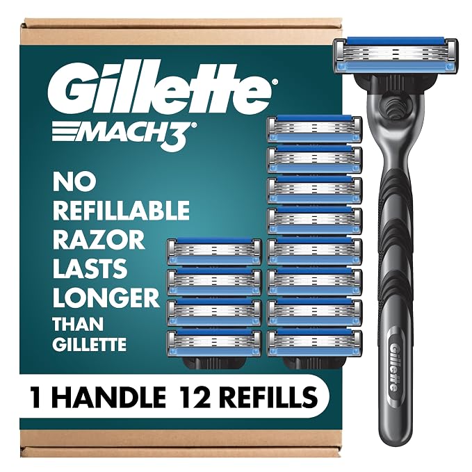 Gillette Mach3 Shaving Razor for Men, Razor Handle, 12 Blade Refills