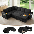 106 in L-Shaped Sectional Sleeper Sofa Couch for Living Room, Black | Pull Out Bed, 7 Seat Modular Design, Hidden Storage Space, USB Charging, Cup Holders, Soft Corduroy Fabric, Easy Assembly