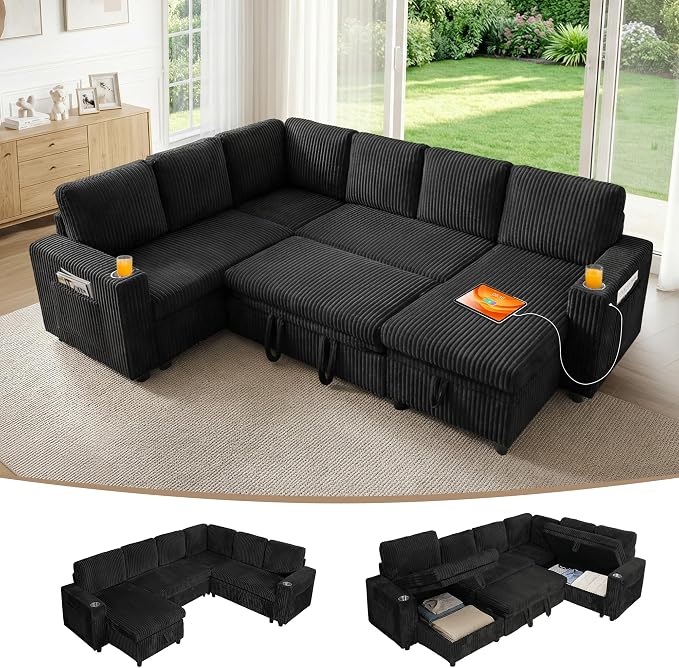 106 in L-Shaped Sectional Sleeper Sofa Couch for Living Room, Black | Pull Out Bed, 7 Seat Modular Design, Hidden Storage Space, USB Charging, Cup Holders, Soft Corduroy Fabric, Easy Assembly