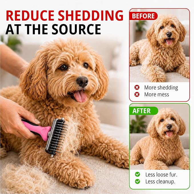 Grooming Brush for Dog/Cat with 2 Sided Grooming Brush for De-Shedding, De-Matting Reduces Shedding up to 95%, Great Short to Long Hair Small Large (Red, Combo 4-in1 Small)