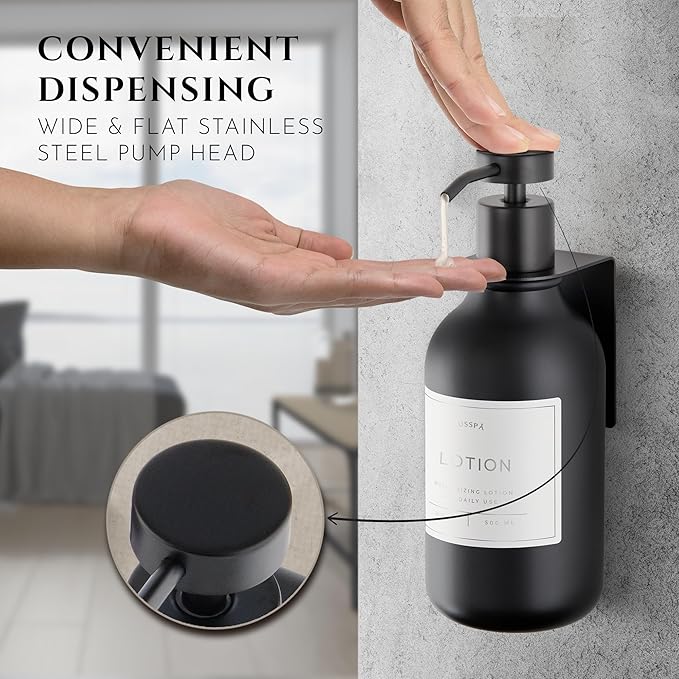 Shower Shampoo Dispenser Wall Mounted – Refillable 16.9 oz Black Bottle with Stainless Steel Pump & No-Drill Adhesive Holder – Soap Dispenser for Bathroom (1 X Black)
