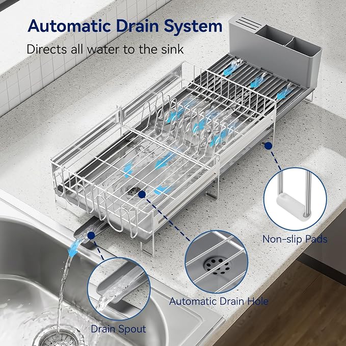 Stainless Steel Dish Drying Rack - Expandable Dish Racks for Kitchen Counter Organizer with Drain Board, Detachable Utensil & Cup Holder, Dish Drainer for Small Kitchen Counter, Grey