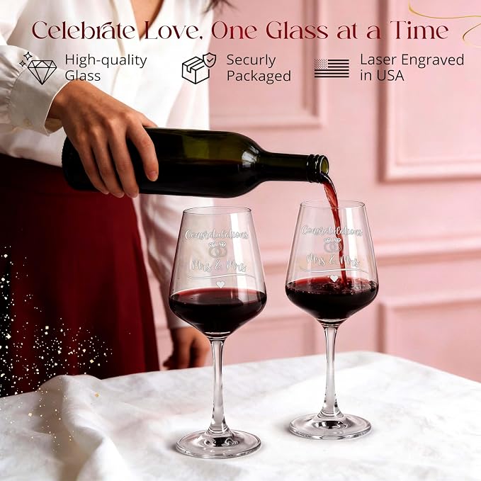 Congrats Mrs. & Mrs. Wedding Wine Glass Set, Lesbian, Wooden Box | Engraved Wine Glasses, Set Of 2, Congratulations Mrs And Mrs, Lesbian Wedding, Wooden Keepsake Box, Bottle Stopper, Corkscrew