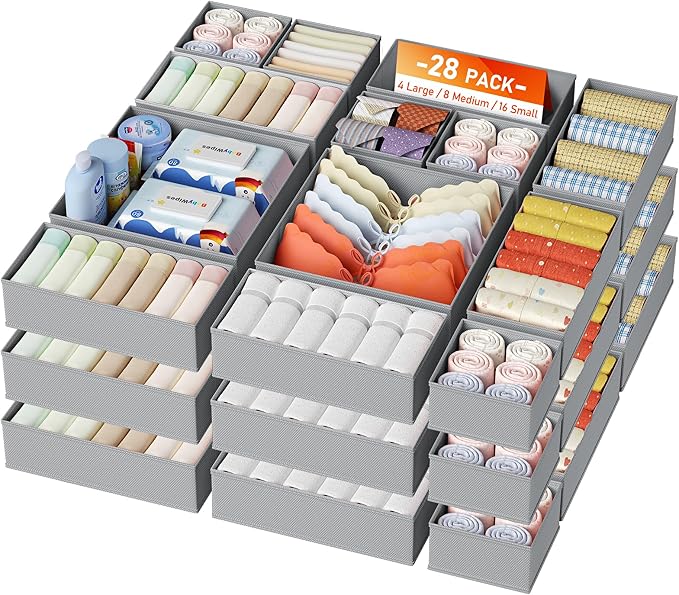 DIMJ Drawer Organizer Clothes, 28 Pack Dresser Organizer, Foldable Closet Organizers and Storage, Fabric Dresser Bins, Drawer Dividers for Nursery, Baby Clothes, Underwears, Sock,White
