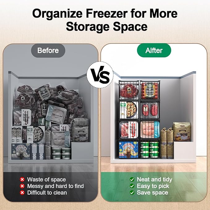 Freezer Organizer Bins, 2 Pack Big Baskets for 5/ 7 Cu.FT Deep Freezer | Stackable Chest Freezer Organizer Bins, Foldable Baskets with Handles, Black Storage Container Baskets for Sort Frozen Meats