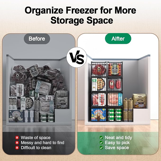 Freezer Organizer Bins, 6 Pack Big Baskets for 5/ 7 Cu.FT Deep Freezer | Stackable Chest Freezer Organizer Bins, Foldable Baskets with Handles, Black Storage Container Baskets for Sort Frozen Meats