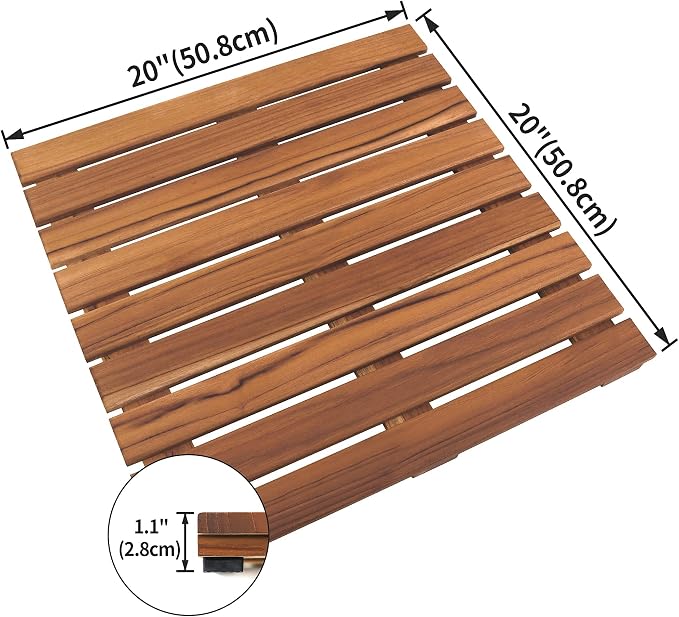 VaeFae Teak Shower Mat, Non-Slip Bath Mat, Luxury Spa Mat, Wooden Mat for Bathtub, 20 x 20 in