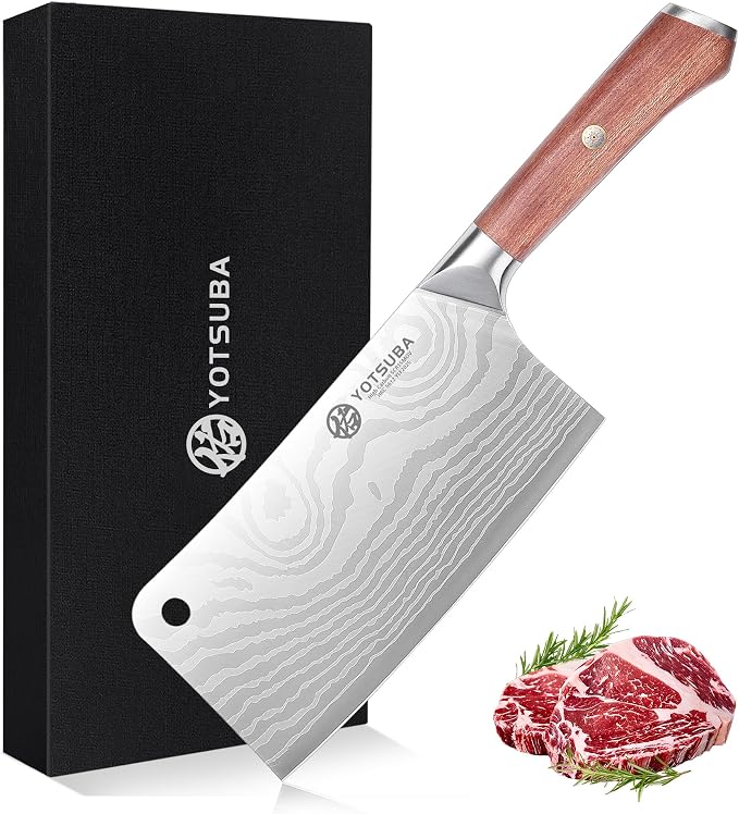 YOTSUBA 7 Inch Cleaver Knife-Ergonomic Rosewood Full Tang Handle, Ultra Sharp High Carbon German Steel Chopping Knife for Meat Vegetable, Gift Box for Home Cooks & Cooking Lovers