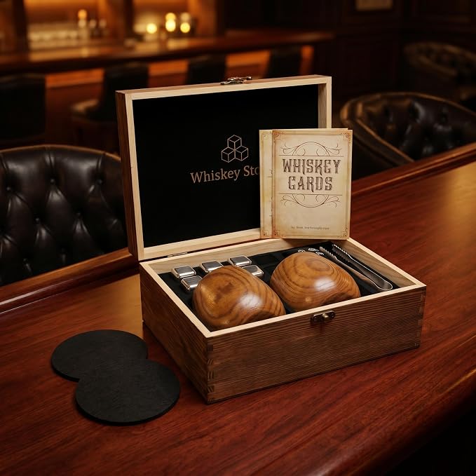 Wooden Whiskey Glass Set - Charred Bourbon Cup, Old Fashioned, Gift for Man | Pair 10oz with 6 Stainless Chilling Rocks, 2 Felt Coasters, Tong, Bag & Gift Box for Father's Day, Anniversaries, Retirement